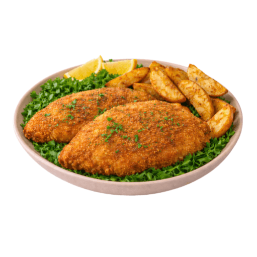 اسكالوب بانيه مع بطاطس ويدجيز